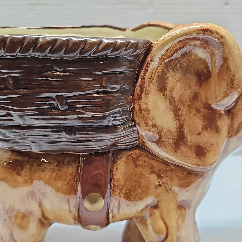 Vintage 1970s Glazed Ceramic Elephant Planter